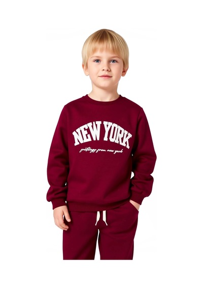 Frm Kız Çocuk Pamuklu New York Baskılı Örme Sweatshirt Ve Eşofman Alt Bordo