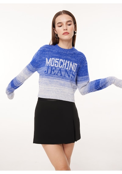 Moschino Jeans Bisiklet Yaka Baskılı Kazak Kadın J0924 Mavi