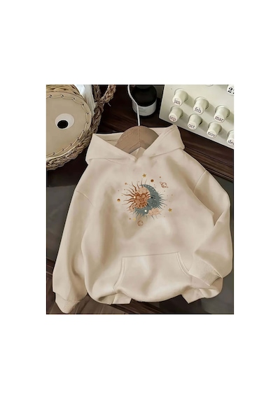 Herkesemoda Gezegen Ve Güneş Baskı Detaylı İçi Polarlı Kapüşonlu Sweatshirt Bej