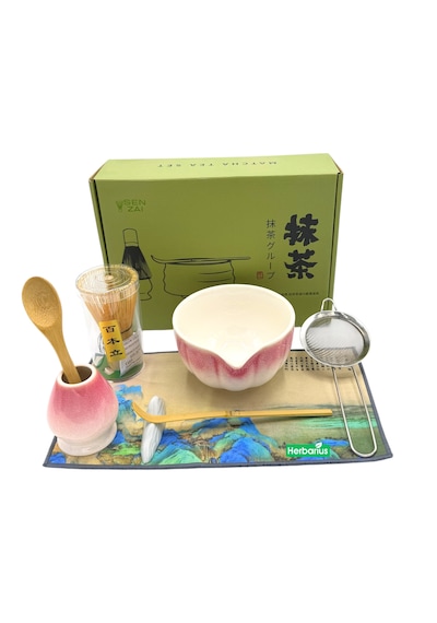 6 Parça Pembe Beyaz Renk Matcha Çayı Hazırlama Seti - Geleneksel Japon Matcha Seti Pembe - Beyaz