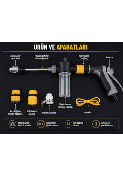 Monozone 3 Fonksiyonlu Metal Basınçlı Yıkama Tabancası Köpük Aparatlı Evrensel Musluk Uyumlu Siyah Sarı
