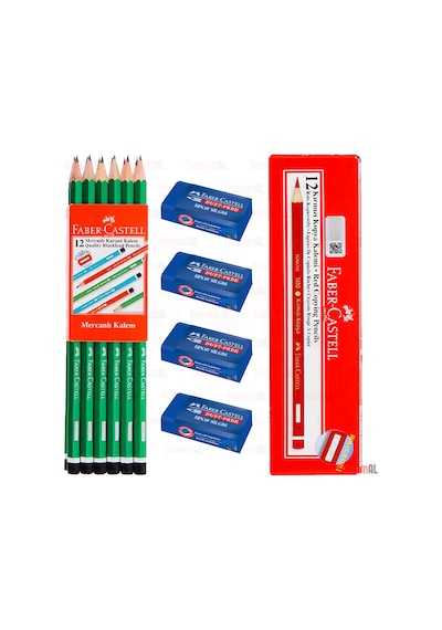 Faber Castell Kurşun Kalem + Kırmızı Kopya Kalemi + 4 Silgi