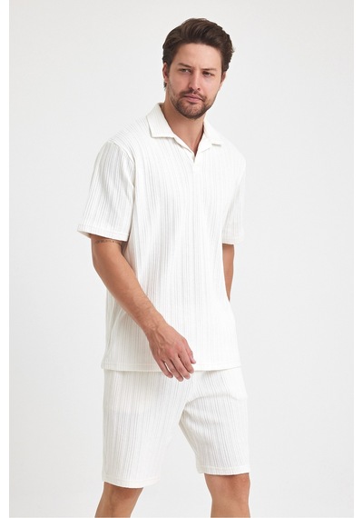 Tarz Cool Erkek Jakarlı Baklava Desenli %100 Pamuk Polo Yaka T-shirt Mat Beyaz