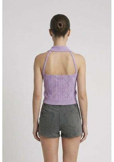 Neden Tekstil Kadın Polo Yaka Sırt Dekolteli Crop Bluz - Lila