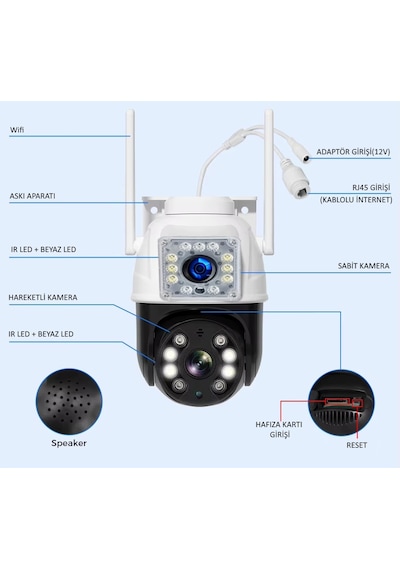 Okam Pro3012 Çift Kameralı 10mp Hareket Takipli Gece Sensörlü Çift Siren Su Geçirmez Wifi Ip Kamera