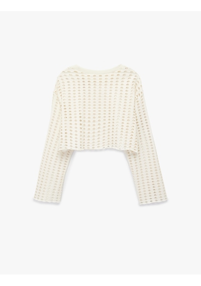 Koton Uzun Kollu Bisiklet Yaka Triko Crop Ajurlu Kazak Ekru 6sak50111ek