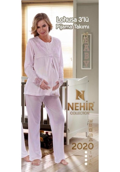 Nehir 2020 Hamile Lohusa Pijama Sabahlık 3lü Takım Ecru