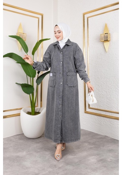 Harman Butik Düğmeli Uzun Kot Kap Gri Gri