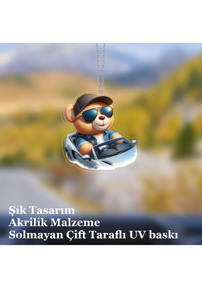 Araba Ayna Süsü, Araba Süsü, Çanta Aksesuarı - Arabalı Ayı - Pleksi Malzeme, Uv Baskılı - 016 8x6 Cm