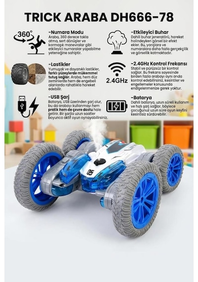 Uzaktan Kumandalı 7 Fonksiyonlu Işıklı Şarjlı Duman Atan 360 Derece Dönebilen Oyuncak Akrobat Araba Mavi
