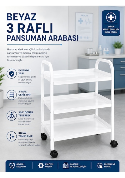 Beyaz 3 Raflı Pansuman Ve Cihaz Arabası