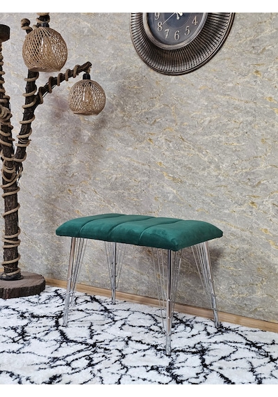 Zafir Metal Krom Tel Ayaklı 60 Cm Puf Bench - Puf - Bench - Oturak - Mutfak Oturağı - Antre Oturağı Yeşil