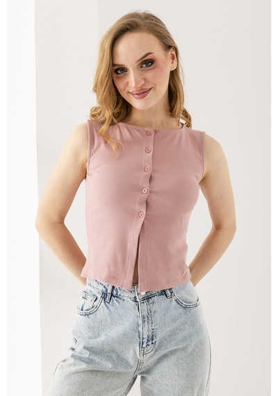 Giysa Kadın Bisiklet Yaka Düğmeli Fitilli Body Pembe - 25y 2457 Şeker Pembe