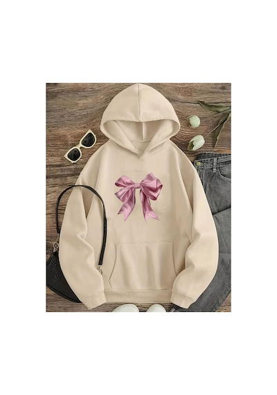 Herkesemoda Pembe Kurdele Baskılı Kapşonlu Sweatshirt Bej