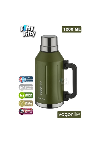 Vagonlife 1.2 Litre Bardaklı Kullanım Kulplu Paslanmaz Çelik Termos-ffvgn1004-1200ml Yeşil 0