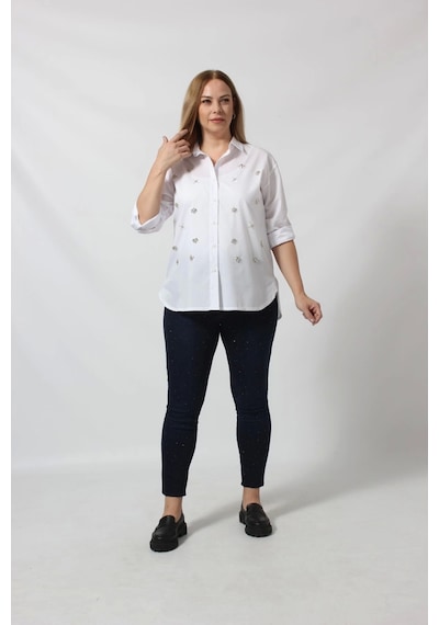 Moda Berray Beyaz Taş İşlemeli Şık Gömlek