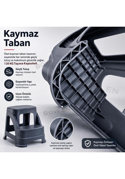 İki Basamaklı Kaymaz Büyük Boy Tabure - 120 Kg Taşıma Kapasiteli - Basamaklı Tabure - Sert Plastik Antrasit