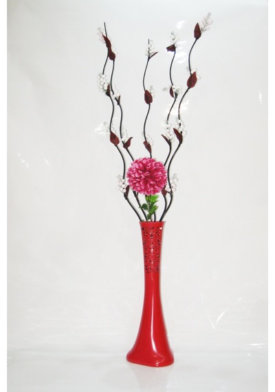 60 Cm Desenli Kırmızı Vazo 5 Adet Üzüm Çiçekler ve Ortanca