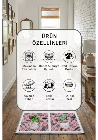 Ekose Kaktüs Zemin Beyaz Çizgi Pembe Yıkanabilir Yolluk