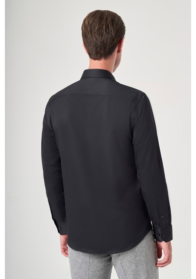 İmza Siyah Sert Yaka Uzun Kol Cepsiz Slim Fit Pamuklu Gömlek 1004260213