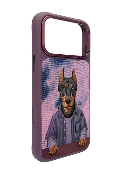 Magsafe İphone 18 Pro Uyumlu Kılıf Gerçek Nakış İşlemeli Doberman Desenli - Vişne