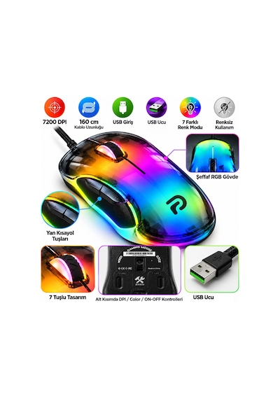 Trio G702 7200 Dpı Şeffaf Rgb 7 Tuşlu Kablolu Gaming Oyuncu Mouse 160 Cm Örgü Kablo -