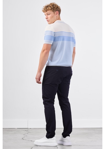 Dufy Mavi Çizgili Yatay Desen Erkek Triko - Slim Fit Mavi