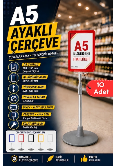 10 Adet - A5 Ayaklı Menü Ve Fiyat Bilgi Standı Yuvarlak Tabanlı Teleskopik Çerçeve Etiketlik Kırmızı