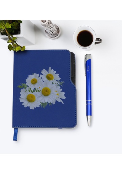 Kişiye Özel Papatya Temalı Lacivert Termo Deri Defter Kalem Seti- N11.140
