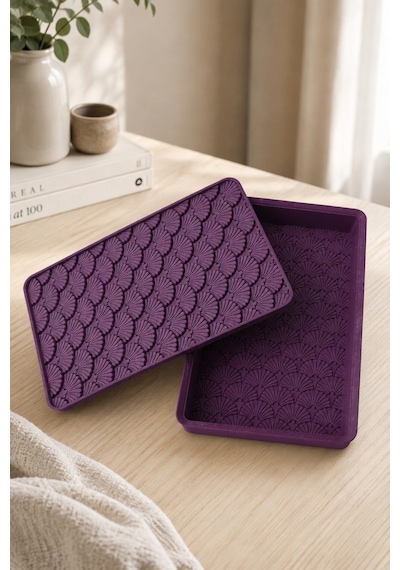 Desenli Kapaklı Dekoratif Kutu Masa Üstü Organizer Takı Aksesuar Saklama Kutusu Pla 20x12.5 Cm Mor