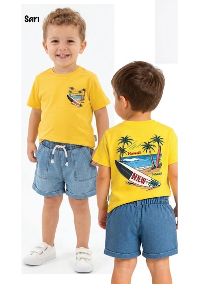 Trend Kids Trendebee Kids 2li Takım Penye Kotlu Hawaii Baskılı Açık Sarı