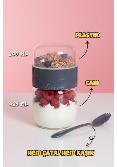 Kaşıklı Çatallı Cam Öğün Bardağı - Yemek Taşıma Ve Saklama Kabı - Müsli Kabı 625 Ml Antrasit, 7 Diğer