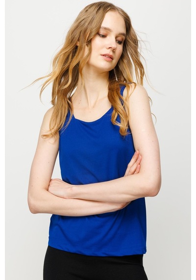 Kadın Kare Yaka Askılı T-shirt Saks Saks
