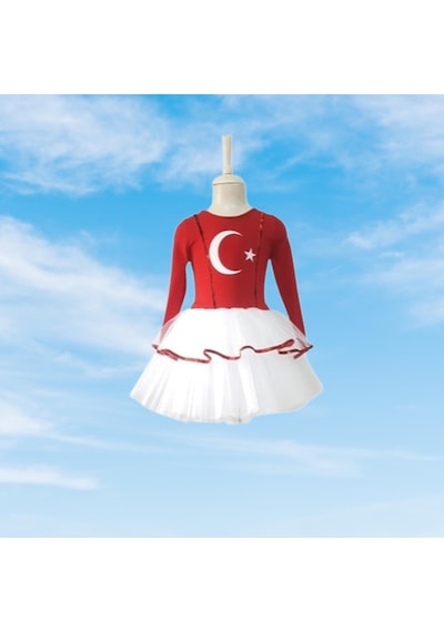 Türk Bayraklı Milli Bayramlar 4-5 Yaş Beyaz Tütülü Kırmızı Beyaz Kostüm