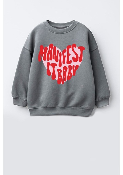 Monila Kız Çocuk 3 İplik Kumaş Baskılı Pamuklu Sweatshirt Antrasit