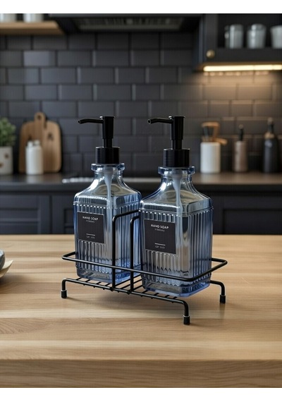 Modern Çizgili - Kabartmalı Cam İkili Sıvı Sabunluk & Deterjanlık Seti - 500ml Standlı Mutfak Ve Banyo Organizeri Mavi