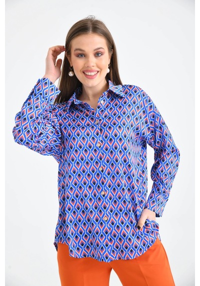 Saks Desenli Oversize Uzun Kol Basic Saten Gömlek 001