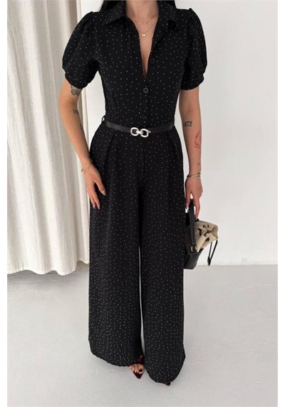 Neşeli Butik Kadın Siyah Kemer Detaylı Tam Boy Taşlı Gömlek Yaka Tulum Nbk4592