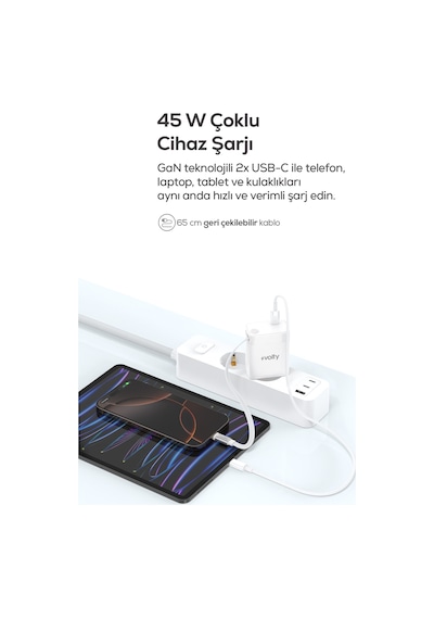 Hızlı Şarj Adaptörü 45w Pd Gan, Geri Çekilebilir Usb-c Kablolu, 2 Port, Laptop Uyumlu V0102023