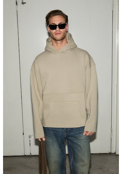 Grımelange Colega Erkek Yumuşak İçi Polarlı Organik Pamuklu Kanguru Cepli Taş Rengi Sweatshirt Taş Rengi