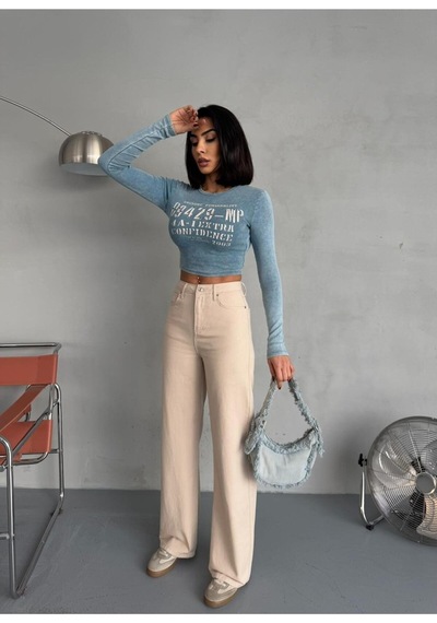 Bej Denım Kumaş Wide-leg Pantolon Bej