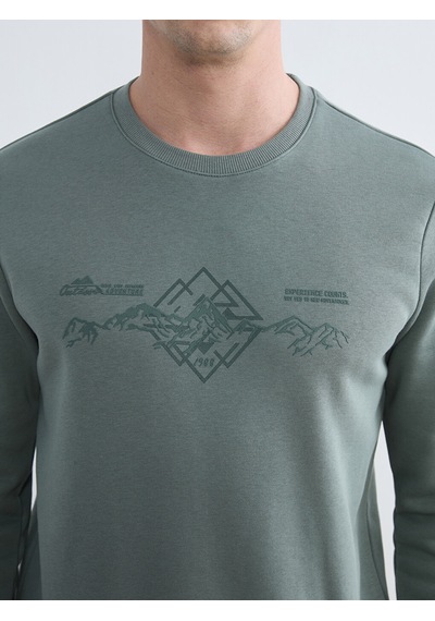 Lcwaıkıkı Classic Yeşil Bisiklet Yaka Baskılı Erkek Sweatshirt