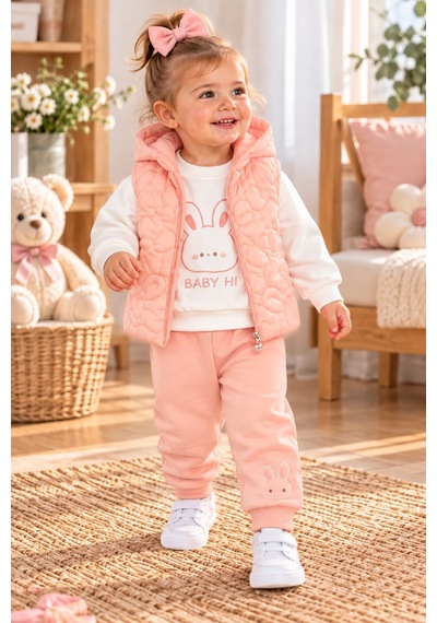 Baby Hi Ayıcıklı Şişme Yelekli Kız Üçlü Takım 9-18 Aylık -dü653337 - Somon