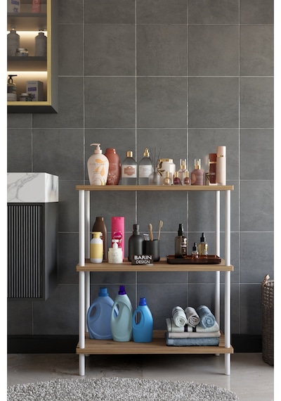 3 Raflı Çevir Tak Beyaz Metal Gövdeli Çok Amaçlı Banyo Rafı Ve Organizer Raf Banyo Dolabı Atlantik Çam