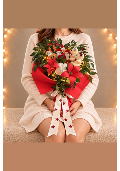Noël Lumière Işıklı Yılbaşı Buketi Peluş Ayıcıklı - El Yapımı Yapay Çiçek Kırmızı