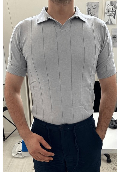 Erkek Çizgili Kısa Kollu Triko T-shirt Gri