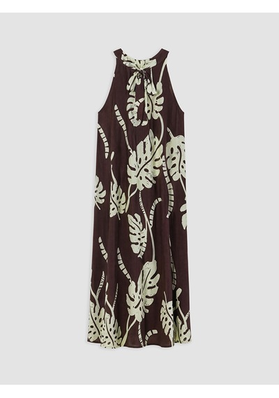 Lcw Comfort Kahverengi Halter Yaka Desenli Pileli Elbise