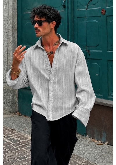 Tarz Cool Erkek Keten Karışımlı Oversize Çizgili Gömlek Çizgili Rahat Kalıp Yazlık Uzun Kollu Gömlek Mavi Tarz Cool Erkek Keten Karışımlı Oversize Çizgili Gömlek Çizgili Rahat Kalıp Yazlık Uzun Kollu Gömlek Mavi