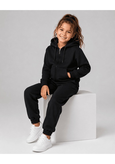Eray Alp Kids Unisex Çocuk Siyah Kapüşonlu Fermuarlı Eşofman Takımı Günlük Rahat Kombin