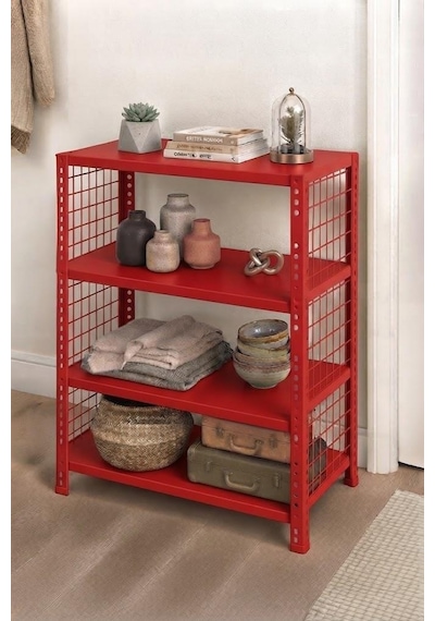 4 Katlı Renkli Tel Kafesli Dekoratif Çelik Raf - Çiçeklik Rafı, Ofis Rafı 0,70 Mm Sarı-43x60 Cm-200 Cm